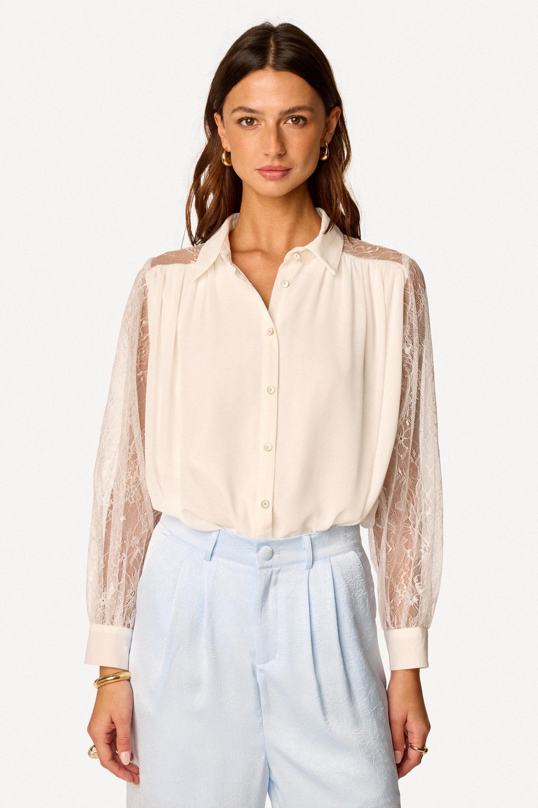 Chemise unie avec dentelle Blanc - Axara Paris